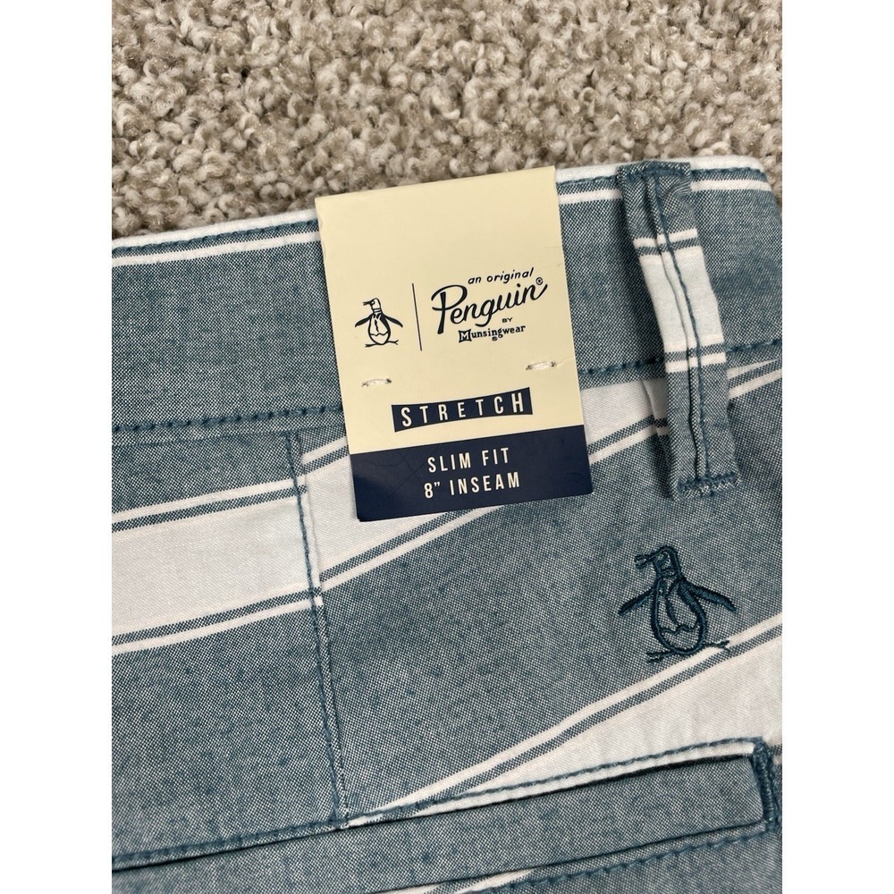 Original Penguin Slim Fit Stretch Shorts Chino 8" Inseam Mens Sz 32 Blue Stripe - Picture 9 of 10